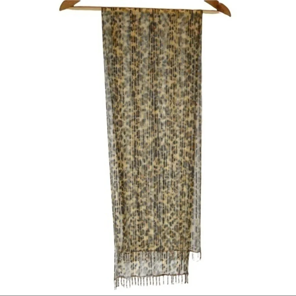 Delicate Sheer Leopard‎ Print Subtle Stripe Beaded Fringe Neck Scarf